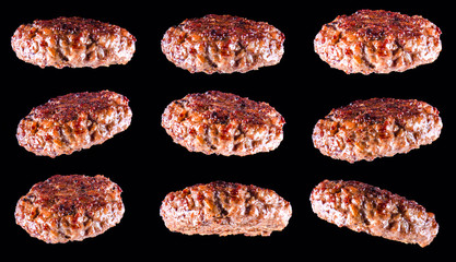 Fried fresh large beef burger isolated on white background. Grilled burger cutlet isolated on black