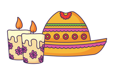 Mexican hat and candles over white background, colorful design. vector illustration