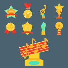 Music vector award statuette microphone and notes entertainment winner top artist achievement musicnote prize illustration