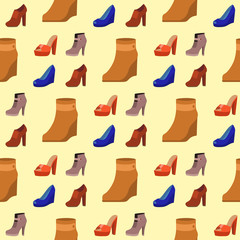 Obraz premium Womens shoes flat design vector seamless pattern background leather colored moccasins sandals illustration.