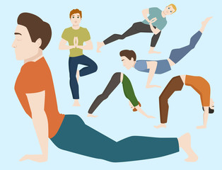 Yoga positions mans characters class meditation male concentration human peace lifestyle vector illustration.