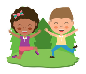 cartoon happy kids playing in the grass over white background, colorful design. vector illustration