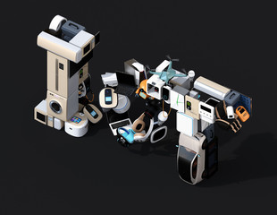 Isometric view of IoT text composed by smart appliances on black background. Internet of Things  and home automation concept. Consumer products. 3D rendering image.