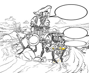 Pirates and treasure. Treasure island. Pirates and miner. Man with shovel and pickaxe working in bitcoin mine.