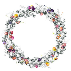 Festive, spring, fruit, berry, forest, meadow, field, village wreath. Watercolor. Graphic arts. Illustration