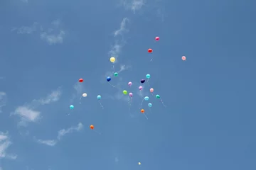 Fotobehang красивые разноцветные воздушные шары улетают в голубое небо        © Valentina A