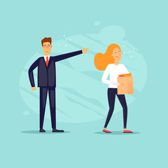 Businessman fired woman. Flat design vector illustration.