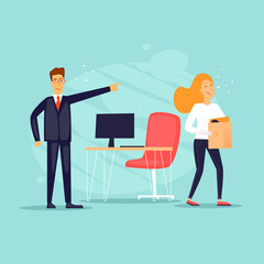 Businessman fired woman. Flat design vector illustration.