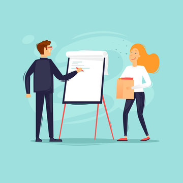 Office life, business analysis, teamwork, man and woman work at the blackboard, conference, meeting. Flat design vector illustration.