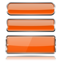 Orange glass 3d buttons with chrome frame. Rectangle icons