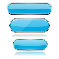 Blue glass 3d buttons with chrome frame. Oval icons