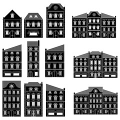 Houses. Collection of bold european buildings. Black drawing