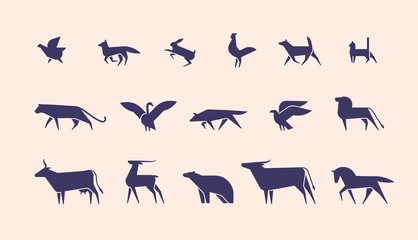 Collection of silhouettes or shapes of wild and domestic animals and birds isolated on light background, side view. Modern monochrome vector illustration for logotype in trendy geometric style.