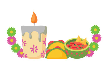 wreath of flowers with mexican food and candle over white background, vector illustration