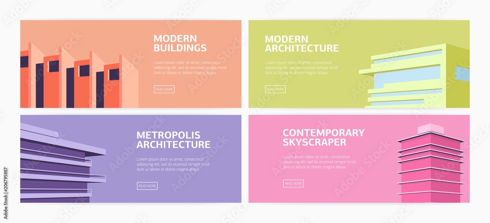 Poster collection of horizontal web banners modern buildings, skyscrapers of contemporary metropolis archit