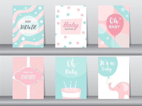 
Set of baby shower invitations cards, poster, greeting, template,elephant, birthday, cake,cute,balloon,Vector illustrations.