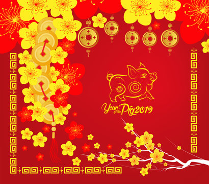 Happy Chinese new year 2019 card, Year of the pig