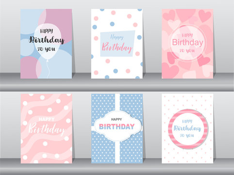 Set of birthday cards on cute design background,invitation,poster,greeting,template,balloon,Vector illustrations
