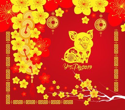 Happy Chinese new year 2019 card, Year of the pig