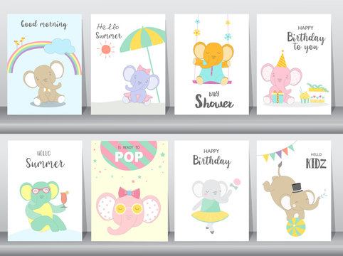 Set of baby shower and happy birthday  invitations cards, poster, greeting, template, animals,elephant,cute,cartoons, Vector illustrations 