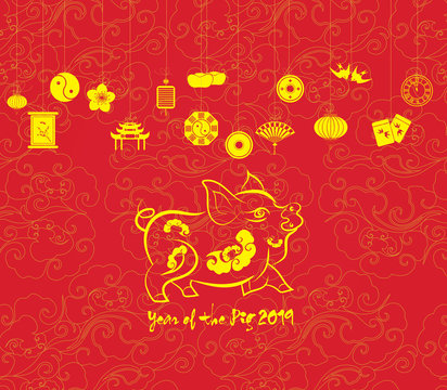 Oriental Happy Chinese New Year 2019. Year of pig Design. Year of the pig