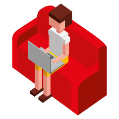 young man working in laptop isometric avatar character icon vector illustration design