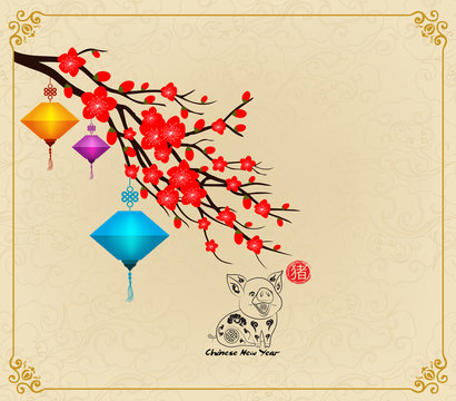 Chinese New Year design. Pig with plum blossom in traditional chinese background. (hieroglyph Pig)