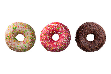 Set of three different colorful donuts isolated on white background