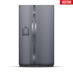 Modern Smart Fridge Freezer refrigerator with double doors in silver color. Household tech and appliances. Vector Illustration isolated on white background.