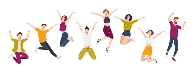 Group of young happy people jumping together with raised hands. Smiling positive men and women isolated on white background. Happiness, fun and rejoice. Flat cartoon colorful vector illustration.