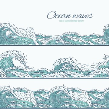 Vector Waves Sea Ocean Seamless Pattern Border. Big And Small Azure Bursts Splash With Foam And Bubbles. Outline Set Sketch Illustration Isolated On White Background.