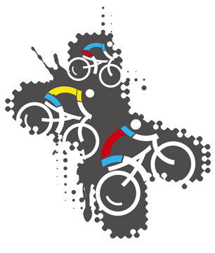 Bicycle riders mountain bike extreme sports. 
Illustration of three biker ikons on grunge background. In the x-shaped background. Vector available.