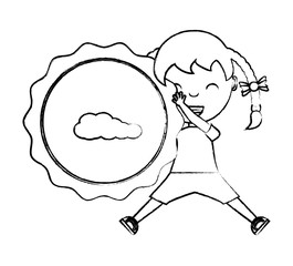 cute girl with decorative seal stamp with cloud icon over white background, vector illustration
