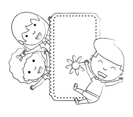 cartoon happy kids with decorative empty banner with a flower over white background, vector illustration
