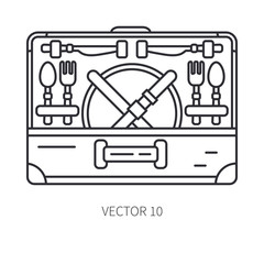 Retro convertible furniture, compact picnic basket line icon. Summer travel vacation, tourism, camping equipment. Backyard classic lunch. Outdoor family picnic, bbq sign and symbol. Hiking. Lifestyle.