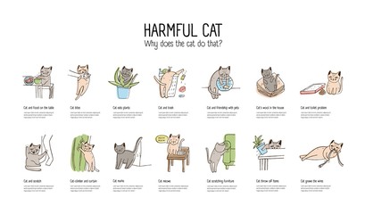 Horizontal banner with naughty cat doing various things - stealing food, scratching furniture, gnawing wires, throwing off items. Bad behavior of domestic animal or pet. Colorful vector illustration. © Good Studio