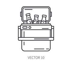 Retro furniture, compact picnic refrigerator line icon. Summer travel vacation, tourism, camping equipment. Backyard classic lunch. Outdoor family picnic, rustic party. Beach cooler. Hiking lifestyle.