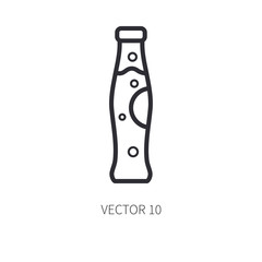 Retro cola, soda, water, juice bottle vector line icon. Summer travel vacation, tourism, camping. Backyard classic lunch. Pop label. Outdoor family picnic sign and symbol. Hiking. Beverage and snack.