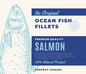 Premium Quality Fish Fillets. Abstract Vector Fish Packaging Design or Label. Modern Typography and Hand Drawn Salmon Silhouette Background Layout