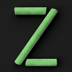 Green sidewalk or blackboard chalks assembled capital letter Z on rough blackboard, 3D rendered