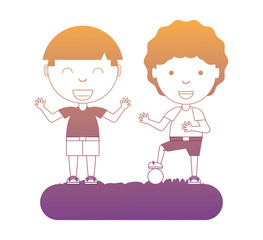 cartoon happy kids playing in the grass over white background, colorful design. vector illustration