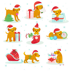 Christmas dog pet vector animal puppy in santa hat on Xmas or Happy New year holiday celebration with gift presented to doggy isolated on white background illustration