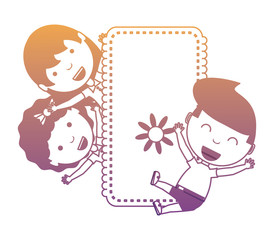 cartoon happy kids with decorative empty banner with a flower over white background, colorful design. vector illustration