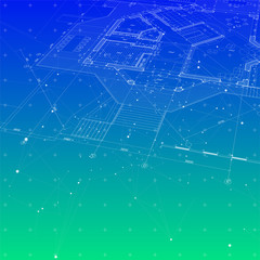 Obraz na płótnie Canvas Architecture design: blueprint house plan & blue green technology radial background - vector illustration / eps10