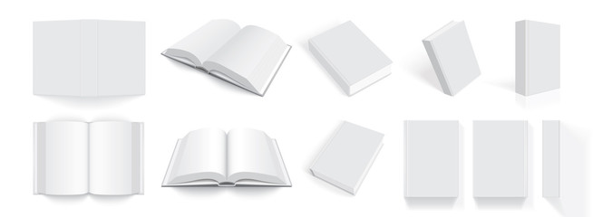 white books with thick cover from different sides isolated on white background mock up 