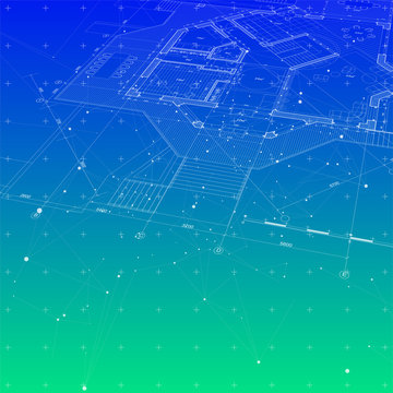 Architecture design: blueprint house plan & blue green technology radial background - vector illustration / eps10