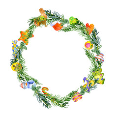 New Year, Christmas, festive, spruce, coniferous wreath. Decoration for the holiday. Garland of twigs, toys, mandarins and cookies. Watercolor. Illustration