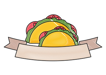 decorative ribbon with mexican tacos over white background, vector illustration