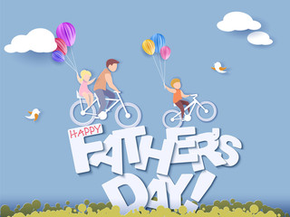 Handsome man and his children bicycling with air balloons. Happy fathers day card. Paper cut style. Vector illustration