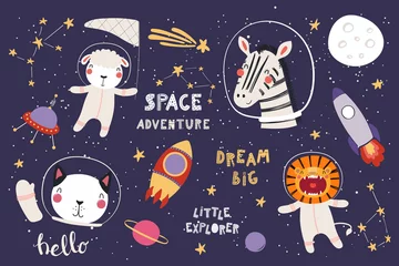 Wall murals Illustrations Big set of cute funny animal astronauts in space, with planets, stars, quotes. Isolated objects on white background. Vector illustration. Scandinavian style flat design. Concept for children print.